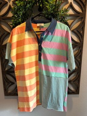 Heyson Oversized Short Sleeve Polo Color block Tee Size Small